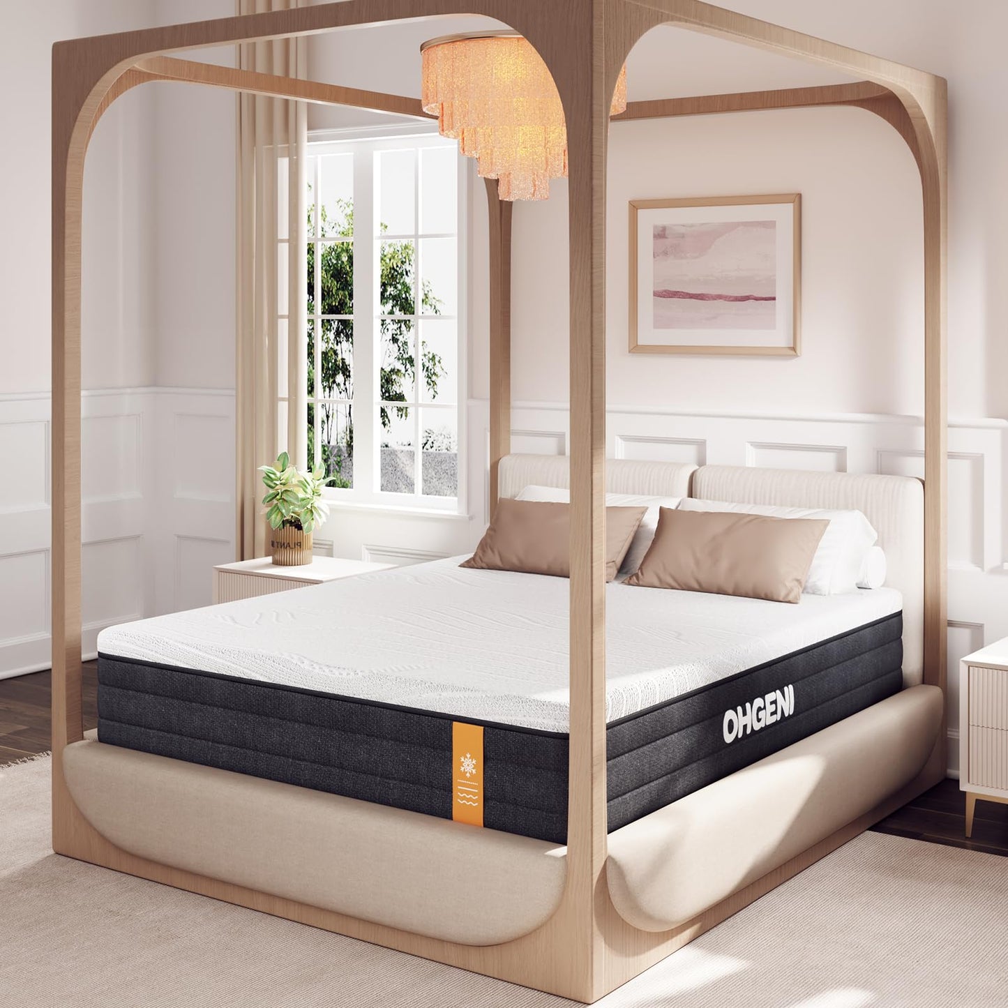 OhGeni 14 Inch Cooling Queen Size Mattress, Hybrid Gel-infused Memory Foam Bed Mattresses in a Box, Medium Feel Cool Top Fabric,Individual Pocket Spring, 3-Zone design & Reinforced Edge Support, Black