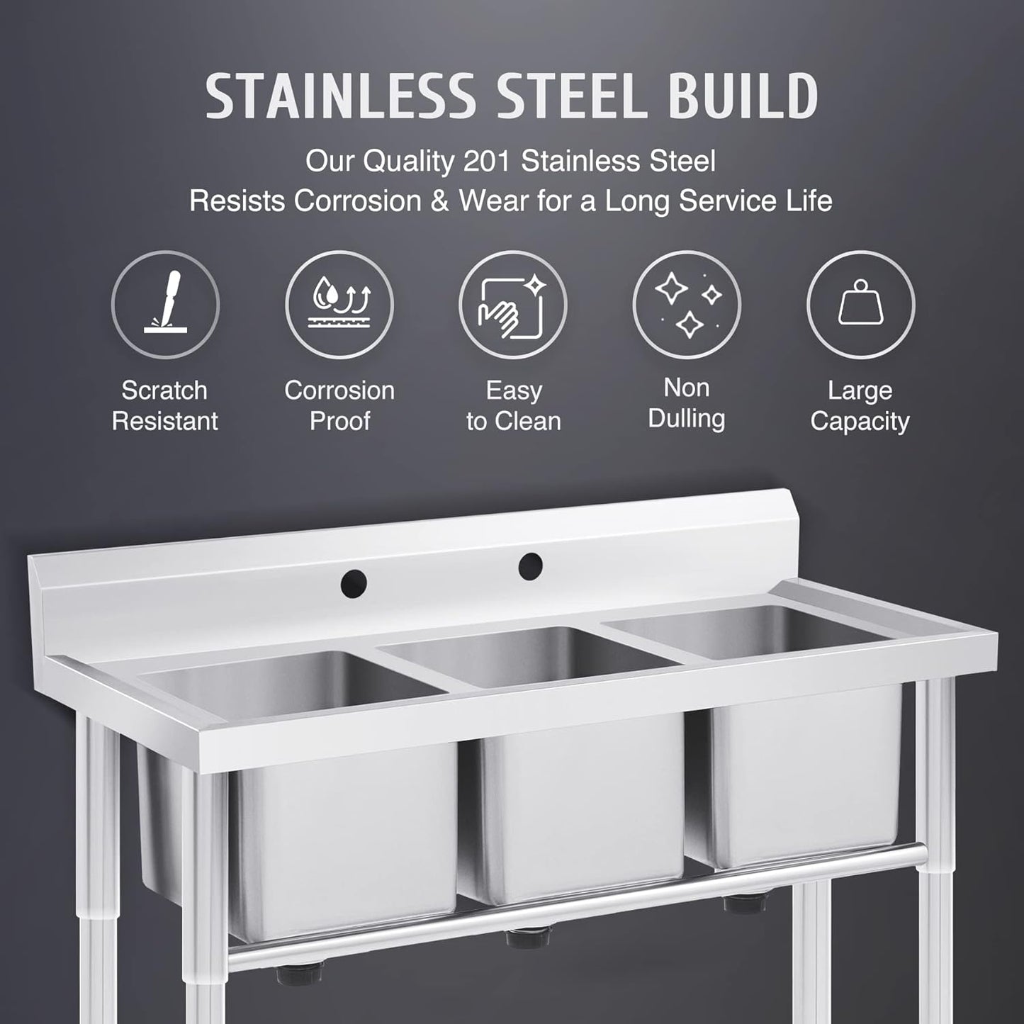 WILPREP Stainless Steel 3 Compartment Commercial Sink with s, Kitche Station with 11x10 Inch Basins, Utility Sink for Restaurant Bar Home Laundry Room Garage