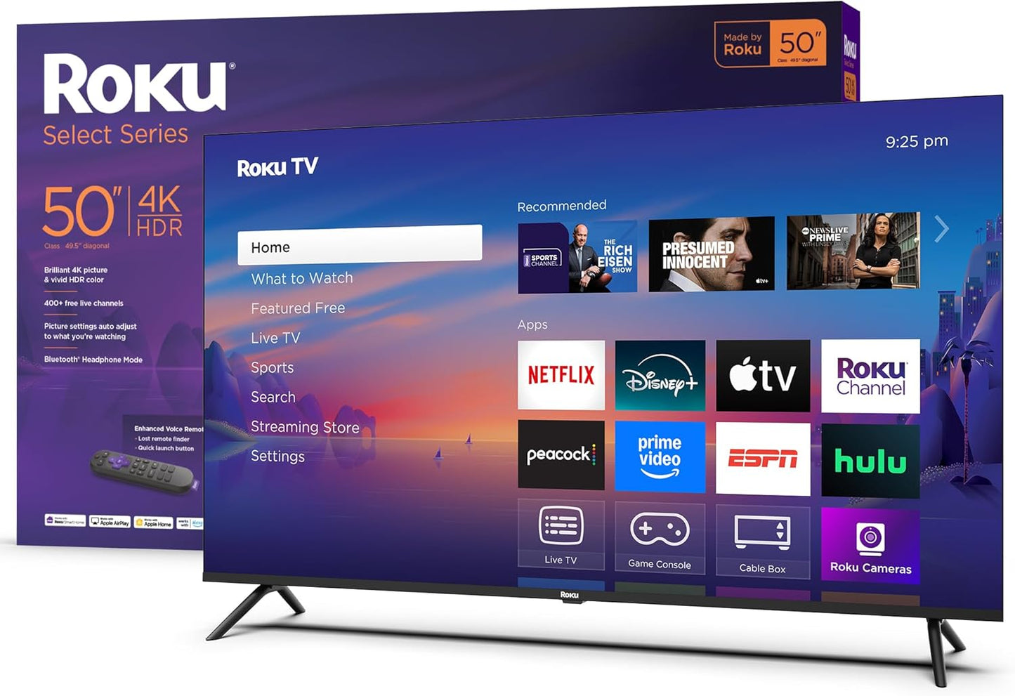 Roku Smart TV 2025 – 50-Inch Select Series, 4K HDR TV – RokuTV with Enhanced Voice Remote – Flat Screen LED Television with Wi-Fi for Streaming Live Local News, Sports, Family Entertainment