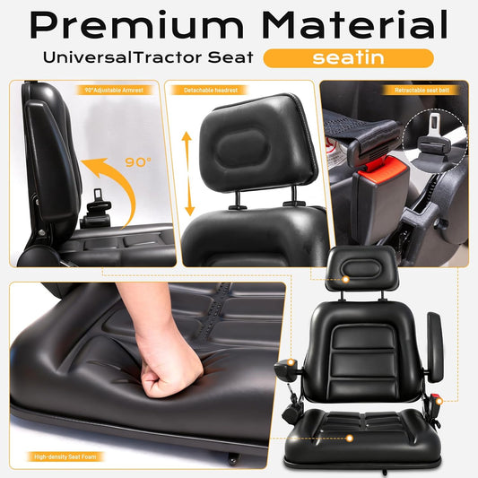 MMS Universal Tractor Seat, Forklift Seat, with Adjustable Seat Belts, Armrests, and Backrests,for Tractor,Lawn Mower, Skid Stree Loader, Telehandler, Backhoe, Excavator, Dozer
