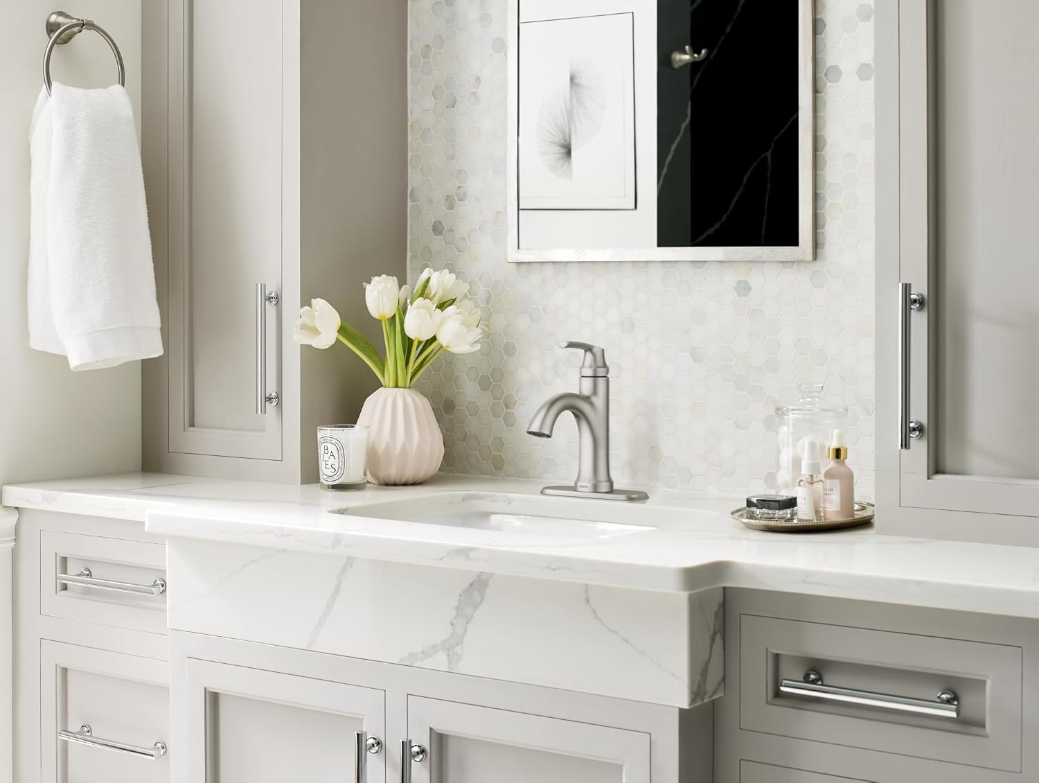 Moen Wellton Spot Resist Brushed Nickel One Hole Single-Handle Bathroom Faucet with Optional Deck Plate and Drain Assembly, 84980SRN