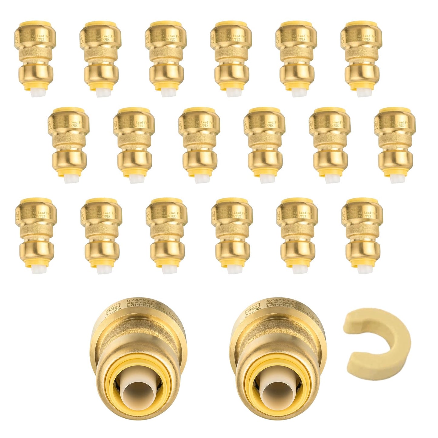 5-Pack Niikappu Push Fit Fittings, 3/4" x 3/4" Brass Plumbing Fittings to Connect PEX, Copper, CPVC, Brass Straight Coupling With Disconnect Clip(PF008-5Pack)