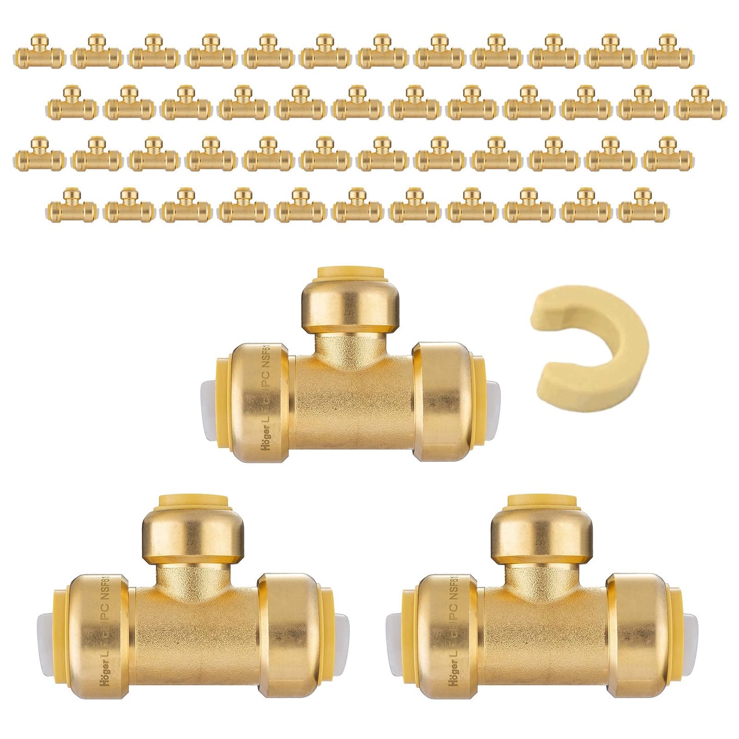5-Pack Niikappu Pushfit Tee, 3/4"x3/4"x1/2" PEX Brass Push-fit Tee, Push to Connect Plumbing Fittings for PEX, Copper, CPVC, with Disconnect Clip(PF127-5)