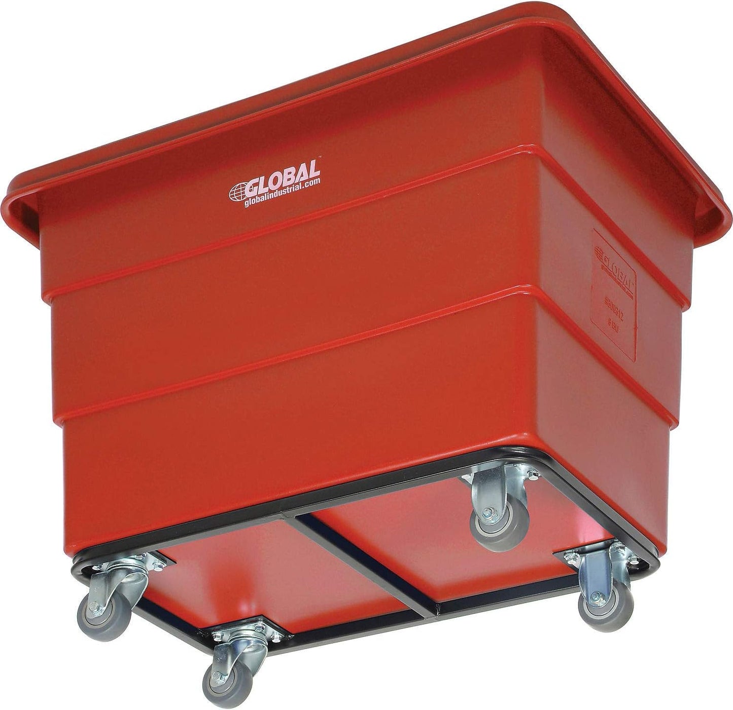 Global Industrial 8 Bushel Plastic Bulk Box Truck, Steel Chassis Base, 800 lbs. Capacity, 3" Non-Maring Rubber Casters, Red, 33-3/10"L x 24-3/5"W x 27-2/5"H