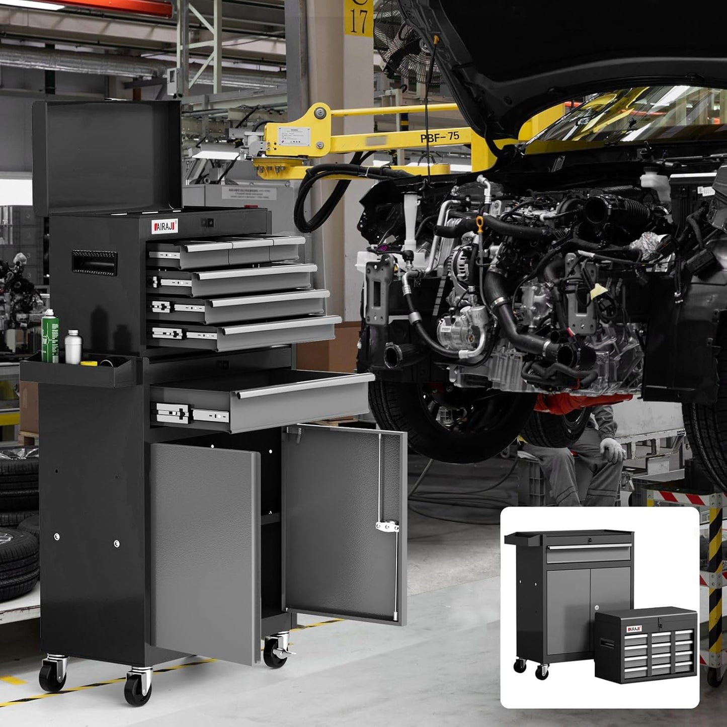 Tool Chest 7-Drawer | 40'' H Rolling Tool Chest with Wheels | Detachable Top Metal Tool Box | Garage Storage Cabinet for Repair Room,Warehouse | Rolling Tool Box with Hooks,Liners,Tray Divider | Black