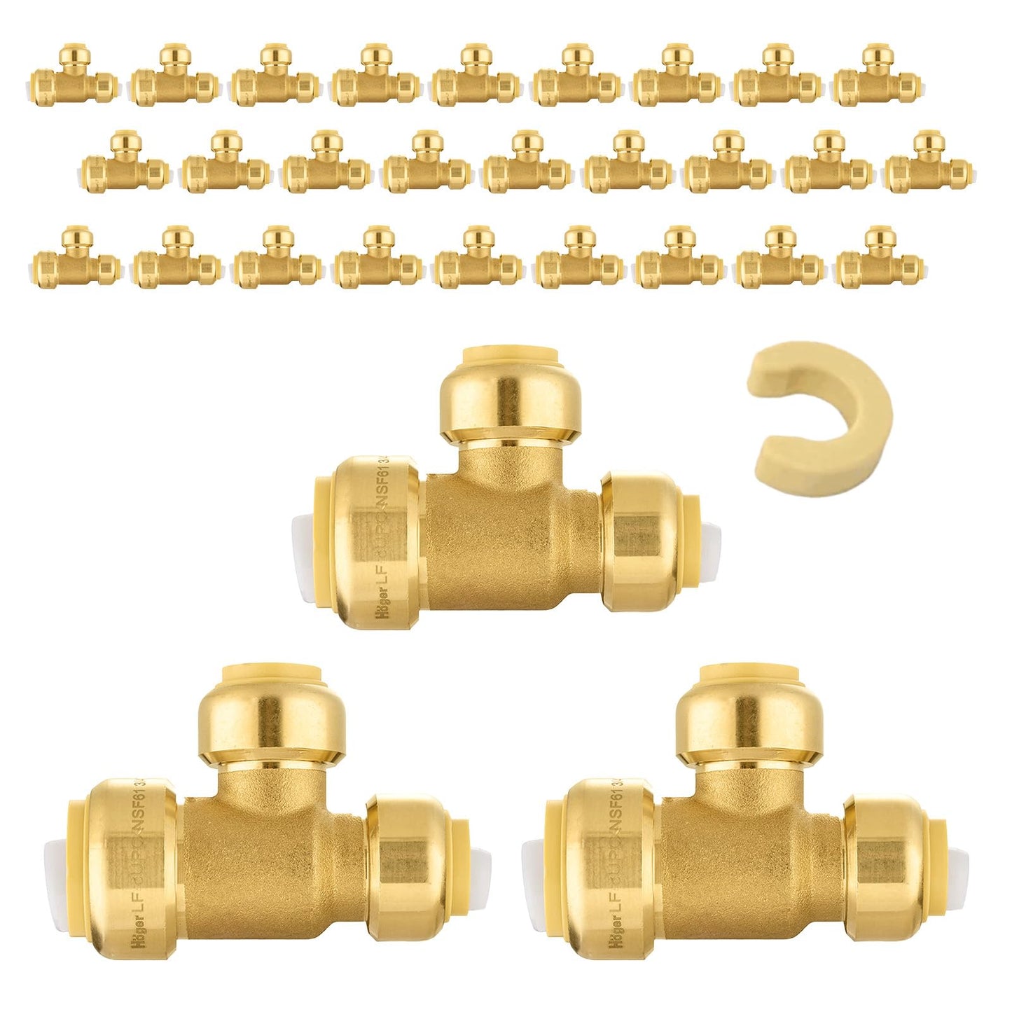 5-Pack Niikappu Pushfit Tee, 3/4"x3/4"x1/2" PEX Brass Push-fit Tee, Push to Connect Plumbing Fittings for PEX, Copper, CPVC, with Disconnect Clip(PF127-5)