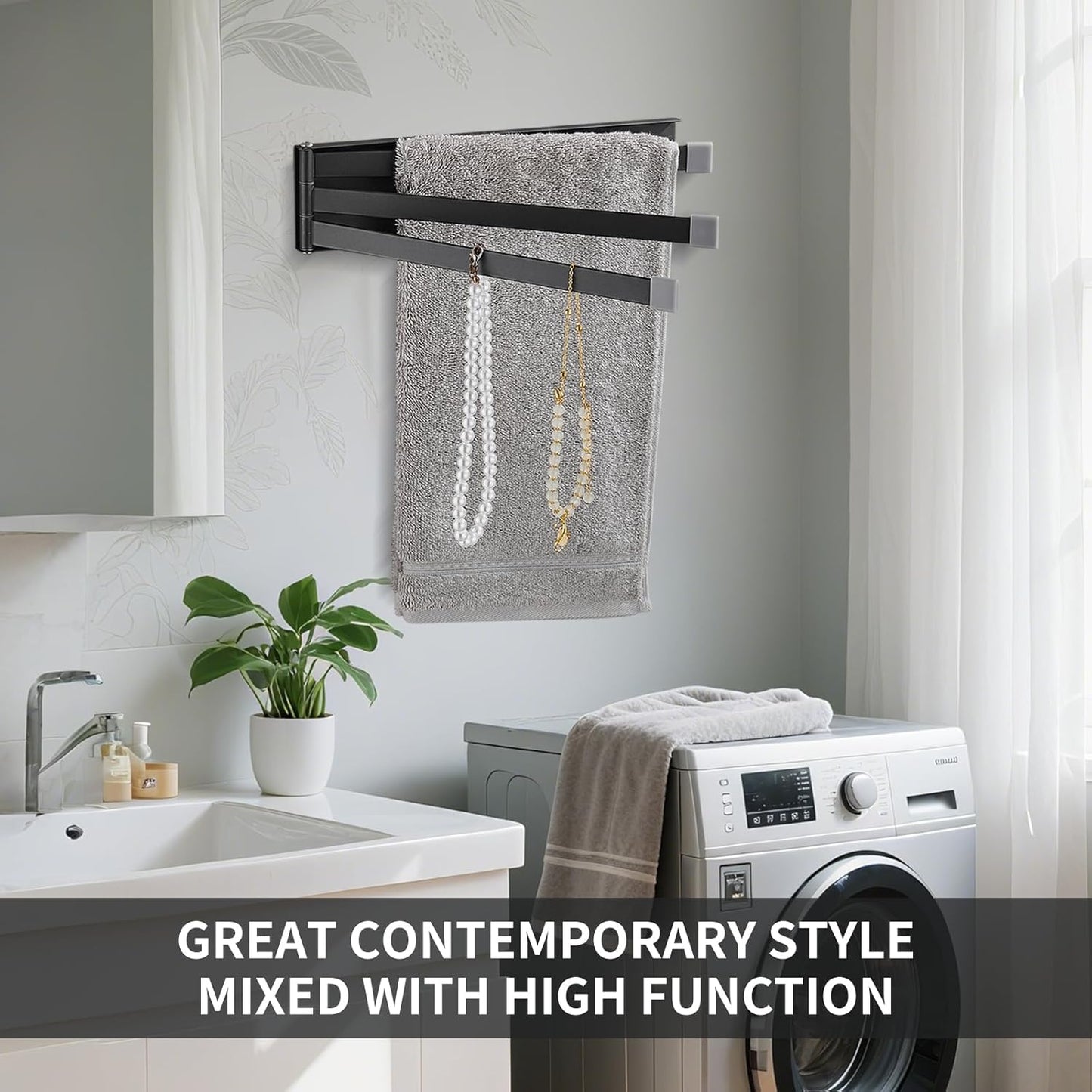 OWOFAN Swivel Towel Bars 3-Arm Towel Rack Swing Out Towel Holder for Bathroom Kitchen Toilet Wall Mount Drying Towel Bars for Laundry Matte Black