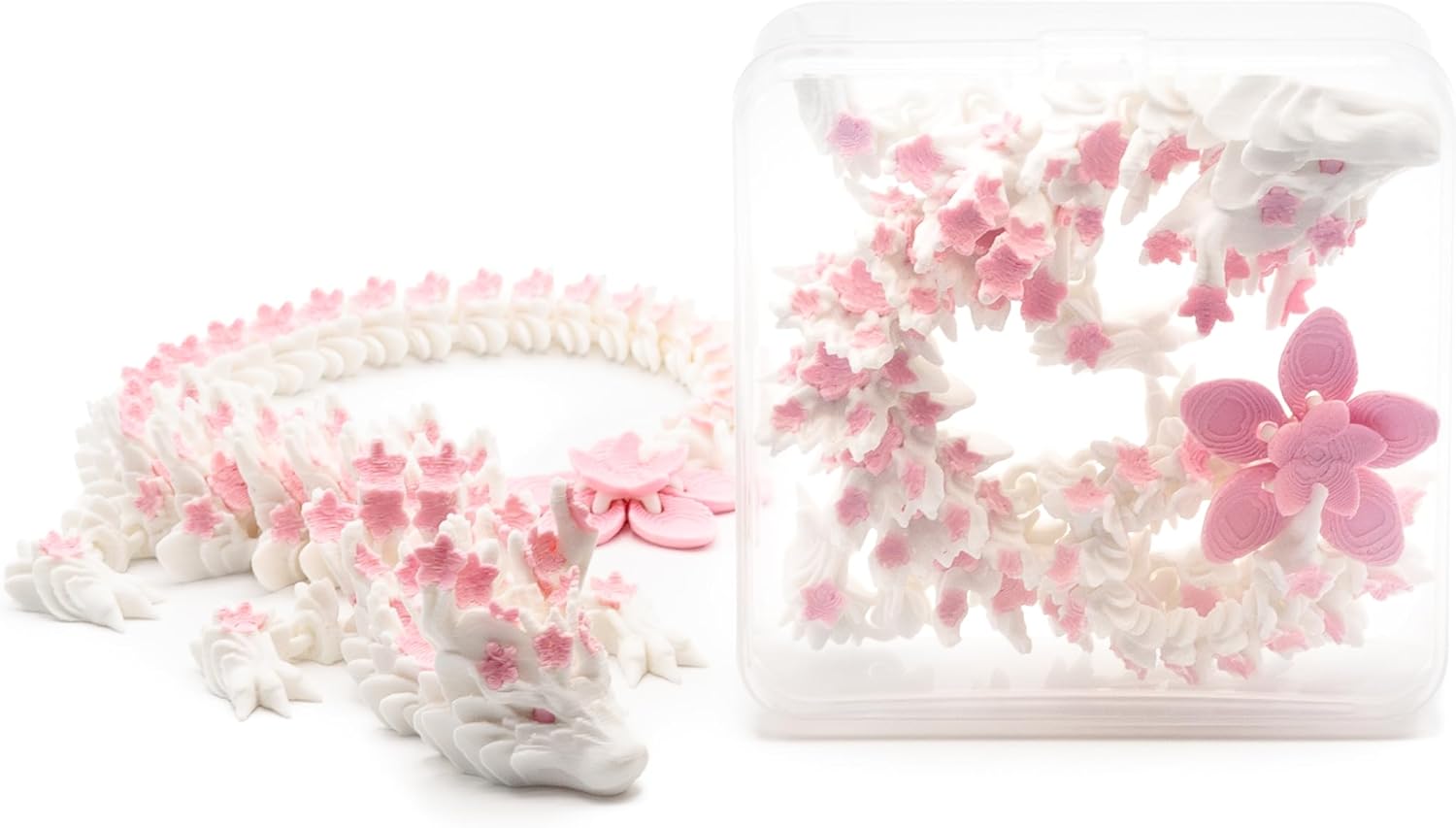12-Inch 3D Printed Dragon – Pink and White Cherry Blossom Dragon - Made in The USA - Articulated Fidget Sensory Toy – Collectible Home and Office Decor Desk Toys