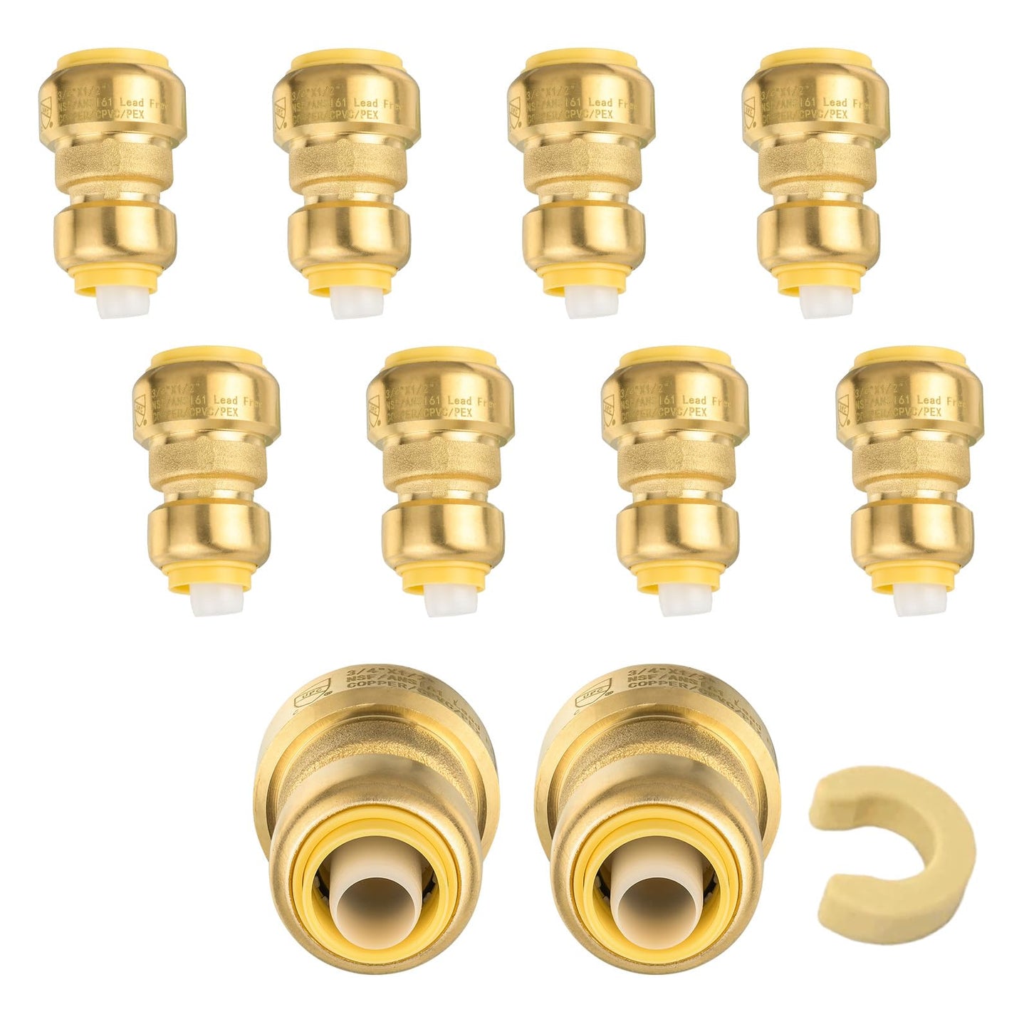 5-Pack Niikappu Push Fit Fittings, 3/4" x 3/4" Brass Plumbing Fittings to Connect PEX, Copper, CPVC, Brass Straight Coupling With Disconnect Clip(PF008-5Pack)