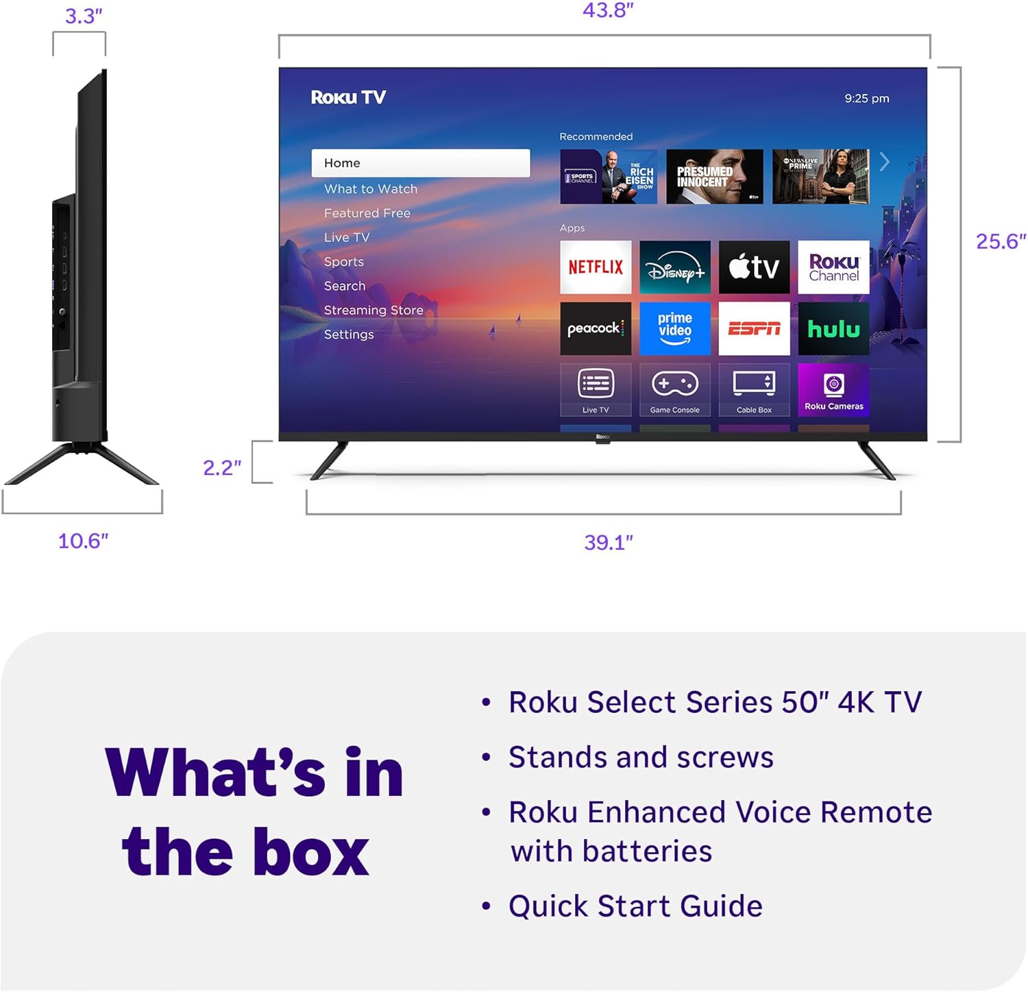 Roku Smart TV 2025 – 50-Inch Select Series, 4K HDR TV – RokuTV with Enhanced Voice Remote – Flat Screen LED Television with Wi-Fi for Streaming Live Local News, Sports, Family Entertainment