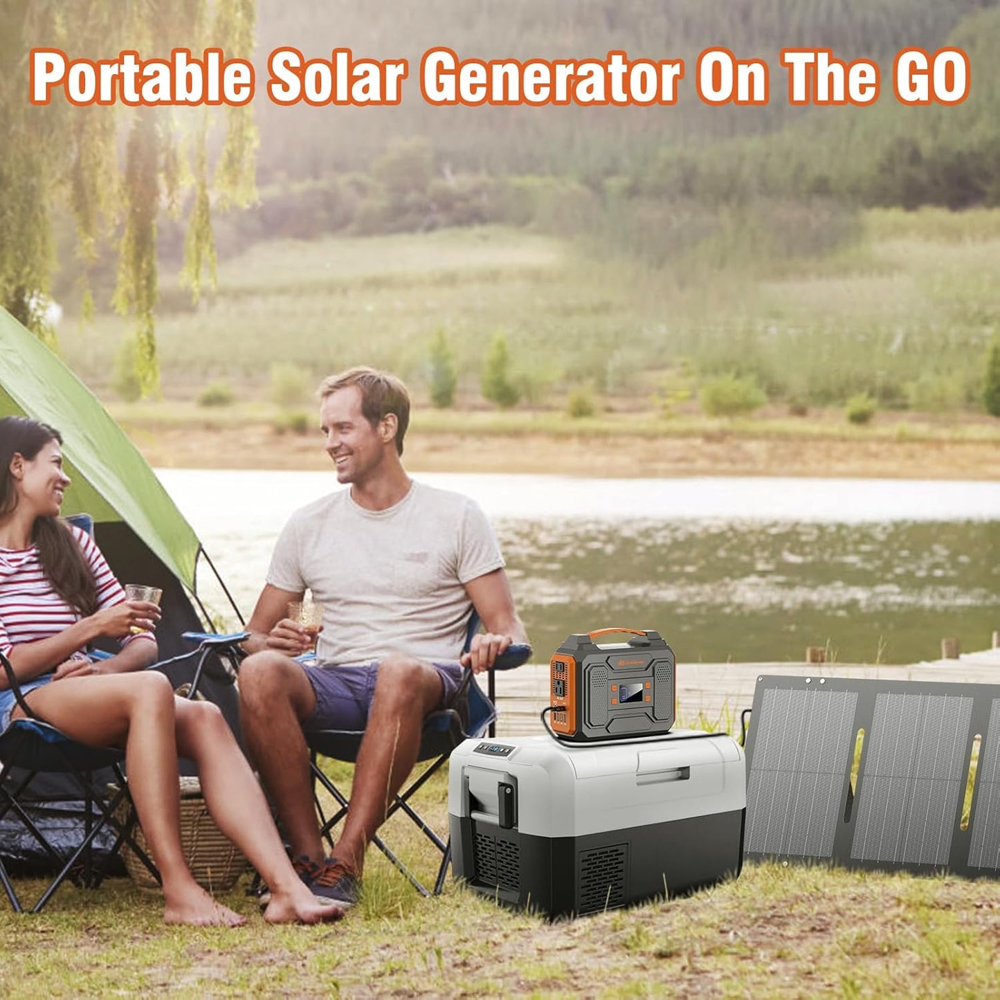 Portable Solar Generator, 300W Portable Power Station with Foldable 60W Solar Panel, 110V Pure Sine Wave 280Wh Lithium Battery Pack with USB DC AC Outlet for Home Use RV Van Outdoor Camping-Orange