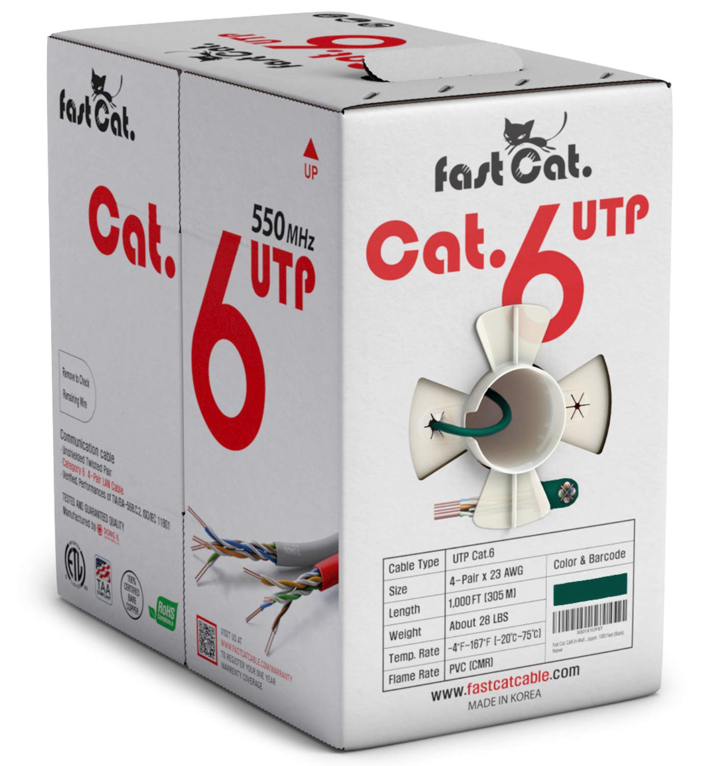 Fast Cat. Cat6 Ethernet Cable 1000ft - 23 AWG, CMR, Insulated Solid Bare Copper Wire Cat 6 Cable PoE++ (4PPoE), ETL Listed, 550MHZ / 10 Gigabit Speed UTP LAN Cat6 Cable 1000ft (White)