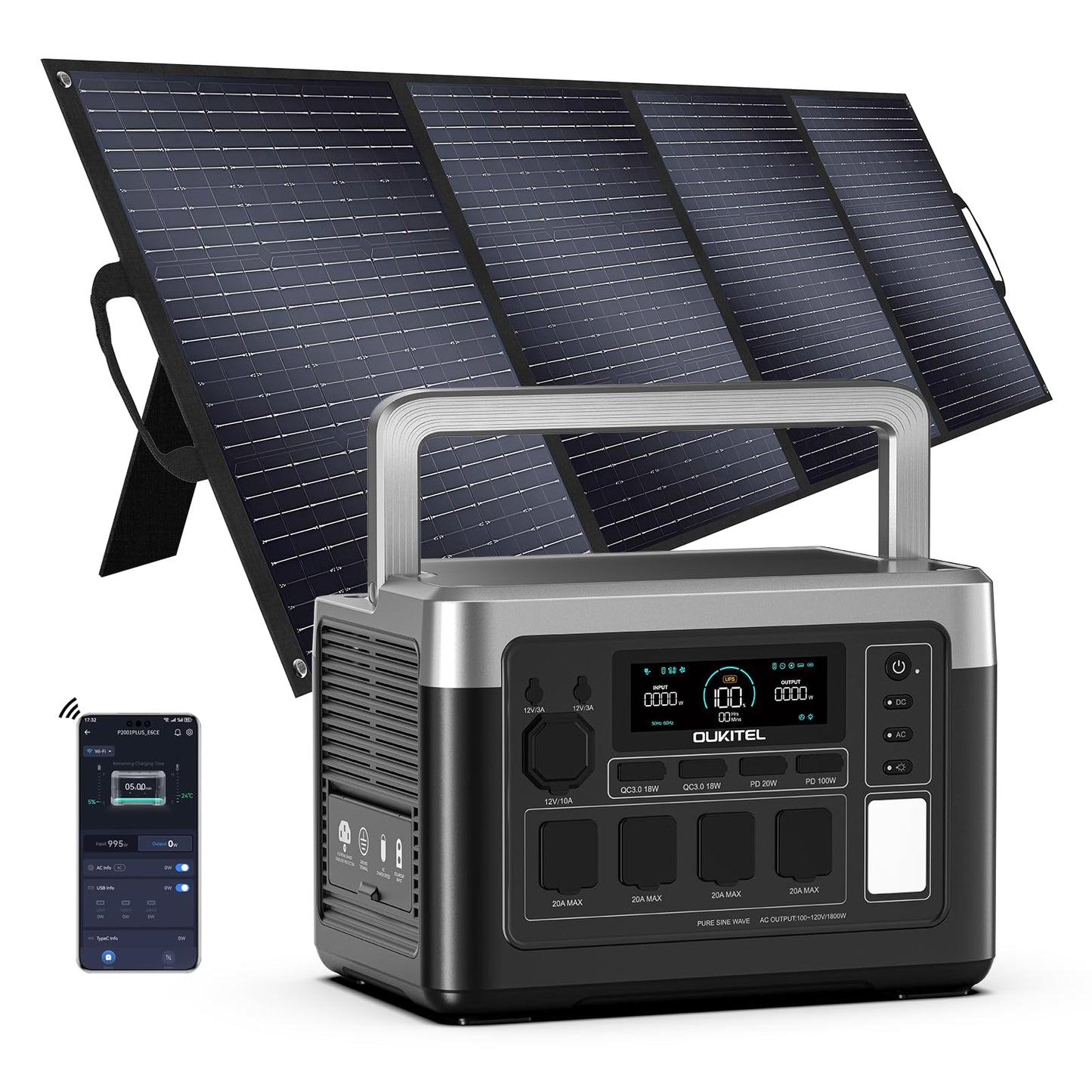 OUKITEL P1000 Plus 1800W Power Station with 200W Solar Panel, 1024Wh Solar Generator with 4 AC Outlets (3600W Peak), 1200W Fast Charging, APP Control Battery Backup for Home, Camping & RVs