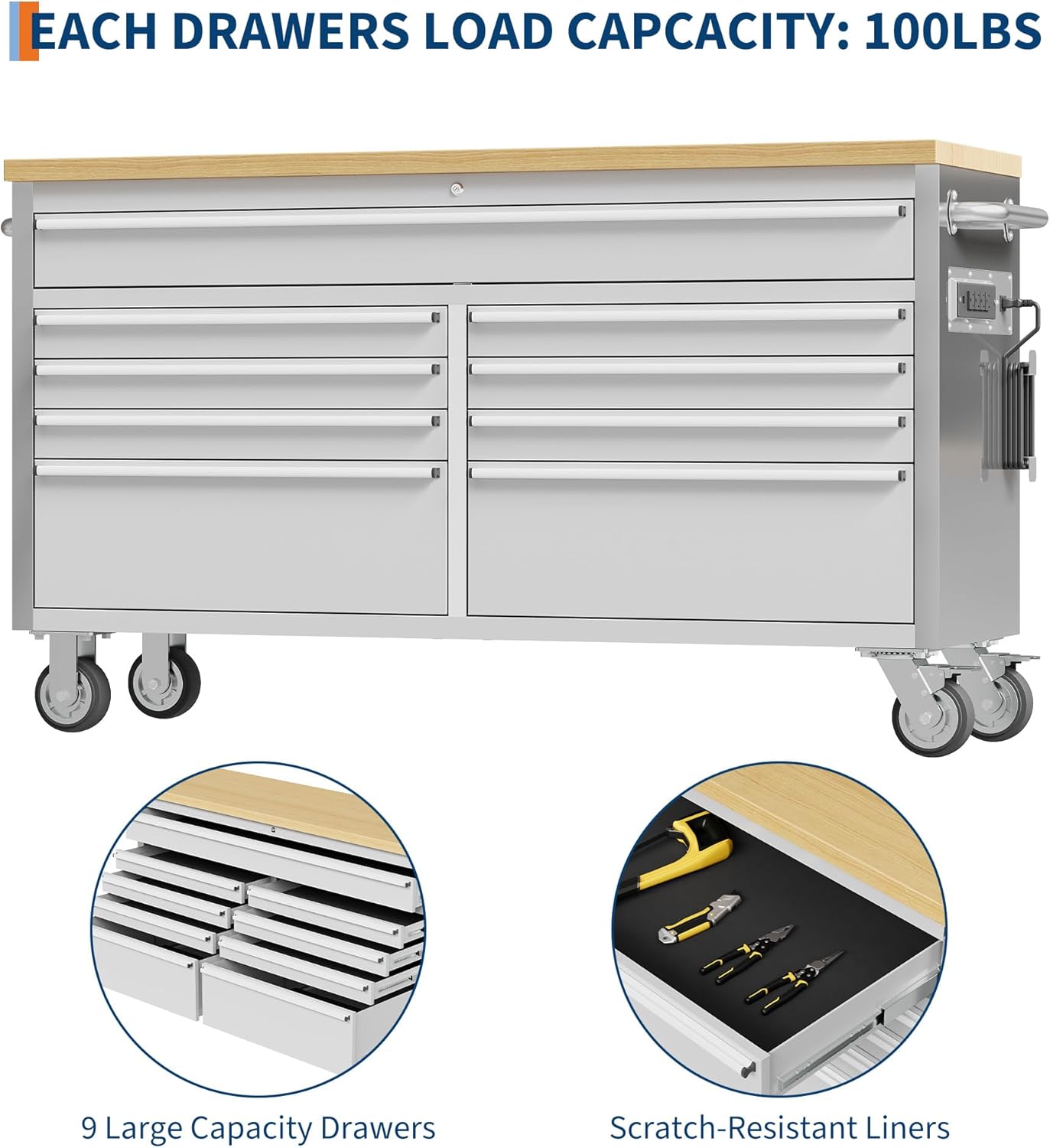 61 in Tool Chest, Tool Box Mobile 9 Drawers Storage Rolling Cabinet with Wheels Lock Key Locking System Drawer Liners for Garage Warehouse Repair Shop