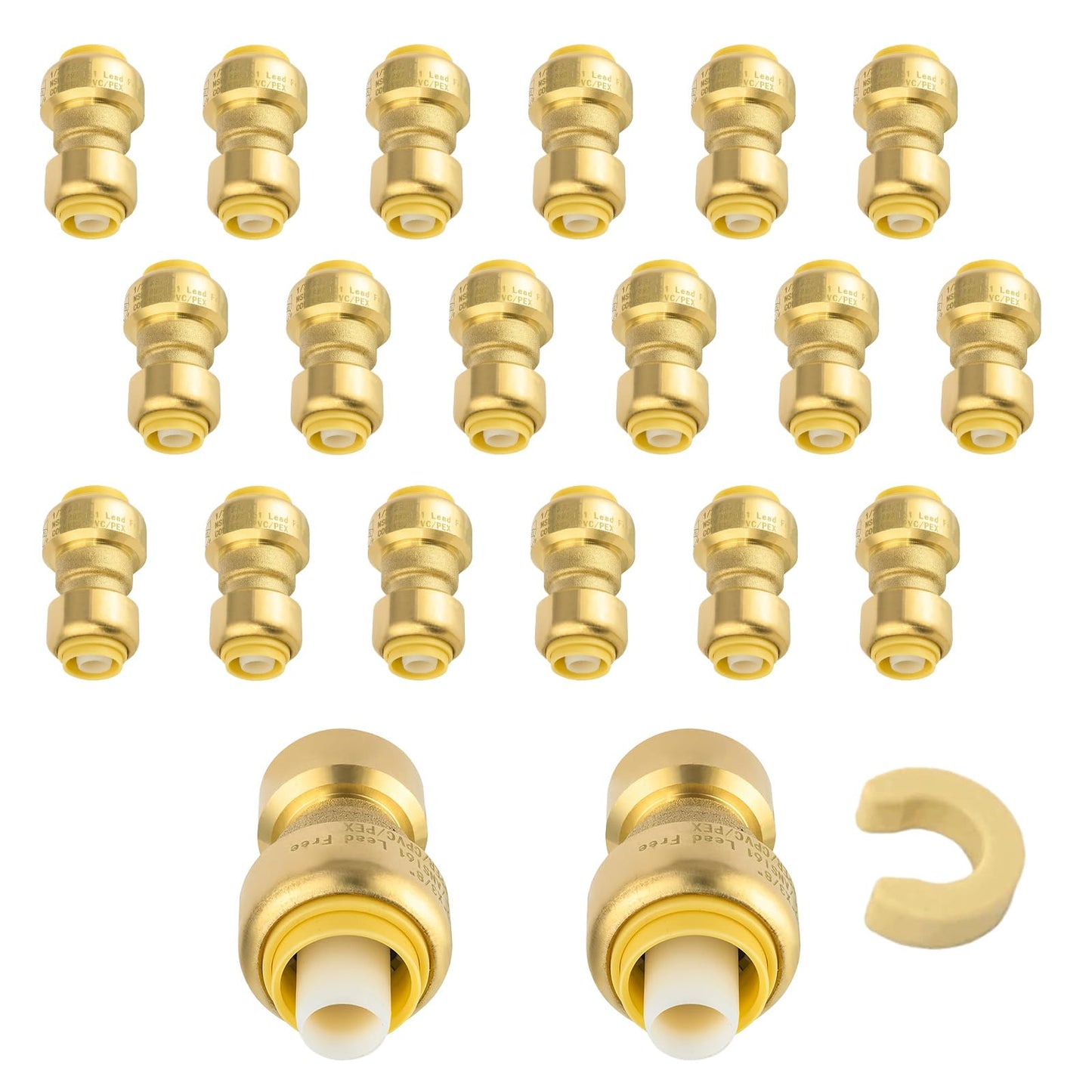 5-Pack Niikappu Push Fit Fittings, 3/4" x 3/4" Brass Plumbing Fittings to Connect PEX, Copper, CPVC, Brass Straight Coupling With Disconnect Clip(PF008-5Pack)