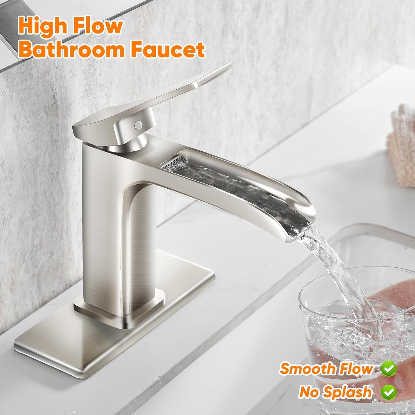 Bathroom Faucet Brushed Nickel OWOFAN Waterfall Washbasin Faucet with Pop Up Drain Single Handle Vanity Farmhouse RV Vessel Basin Mixer Tap Suitable for 1 or 3 Holes Supply Deck Plate and Hose