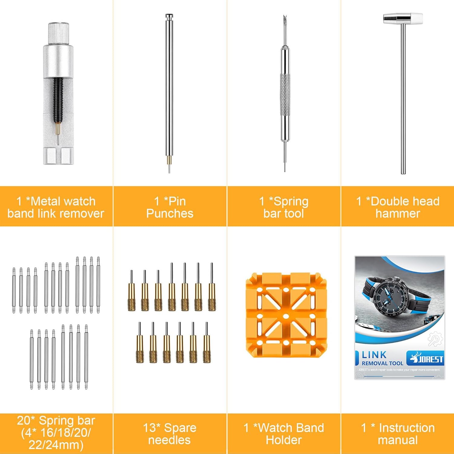 JOREST Watch Link Removal Tool, Watch Band Tool Kit, Repair Kit for Watch Bracelet Adjustment and Replacement and Resizing, With User Manual, Watch Link Remover, 20PCS Spring Bars, 13PCS Spare Needle