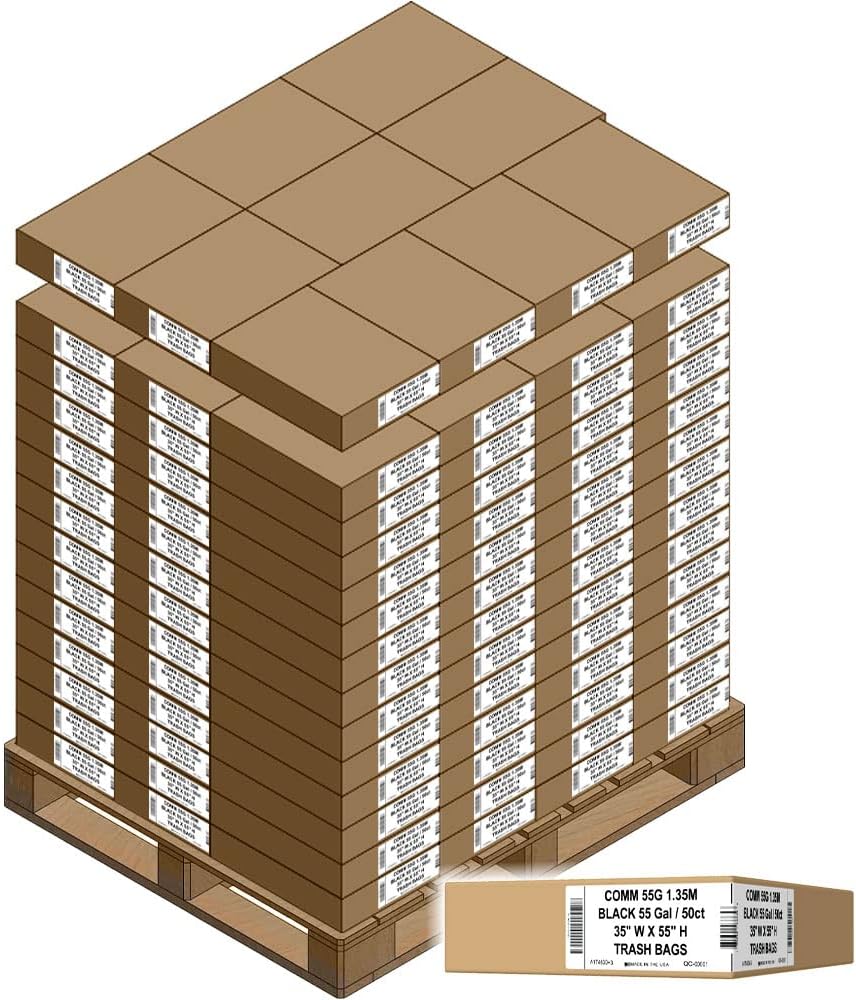 Aluf Plastics Heavy Duty 55 Gallon Trash Bags 1.5 MIL equivalent Industrial Strength Plastic 35" x 55" for 50-55 Gal Cans -Fits Toter,Carlislie Bronco (1 Pallet of 140 Cases, 7000 Count Total)