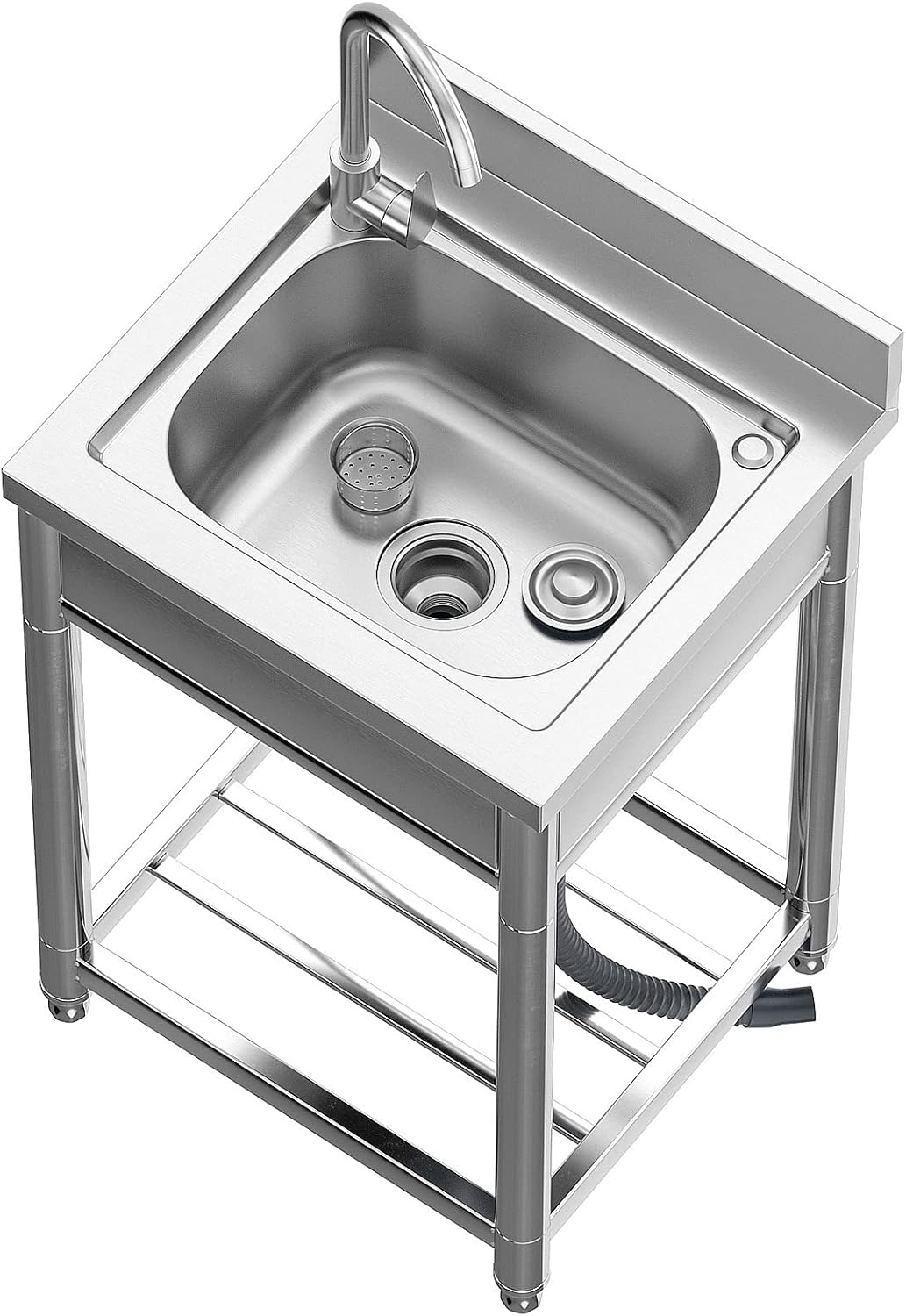 Free Standing Stainless-Steel Single Bowl Commercial Restaurant Kitchen Sink Set w/Faucet, Prep & Utility Washing Hand Basin w/Storage Shelve, laundry tub for Indoor Outdoor (22in)