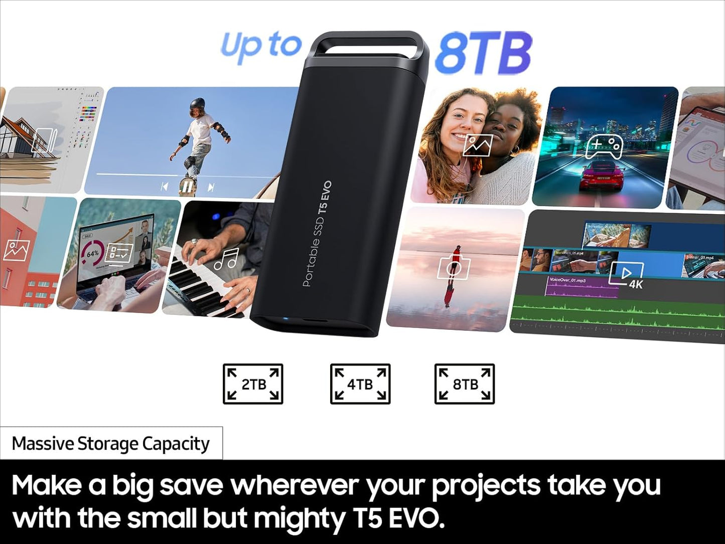 SAMSUNG T5 EVO Portable SSD 8TB, USB 3.2 Gen 1 External Solid State Drive, Seq. Read Speeds Up to 460MB/s for Gaming and Content Creation, MU-PH8T0S/AM, Black