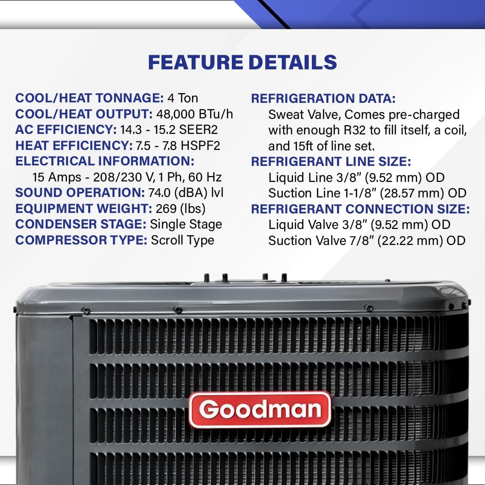 Goodman 15.2 SEER2 Central Split Unit Heat Pump AC/Heating System with 50' Install and 20K Backup Heat Kit | 4-Ton 48000 BTU, TXV Device, Single Stage HVAC System | R32 Refrigerant
