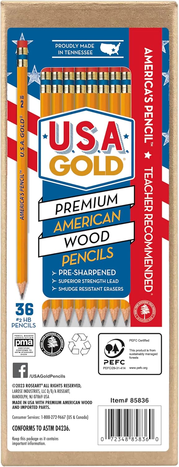 Rose Art U.S.A. Gold Pre-Sharpened American Wood Cased #2 HB Yellow Pencils, 36 Pack