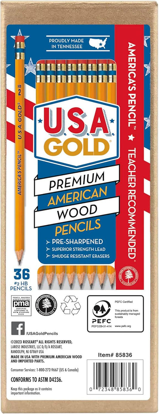 Rose Art U.S.A. Gold Pre-Sharpened American Wood Cased #2 HB Yellow Pencils, 36 Pack