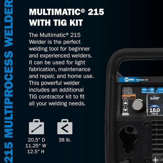 Miller Multimatic 215 Multiprocess Welder with TIG Kit - Multi-Process MIG, DC Stick, DC TIG & Flux Core Welding Engine Machine - Compatible MIG Welder Machine with Multi-Voltage Plug for 120V&240V