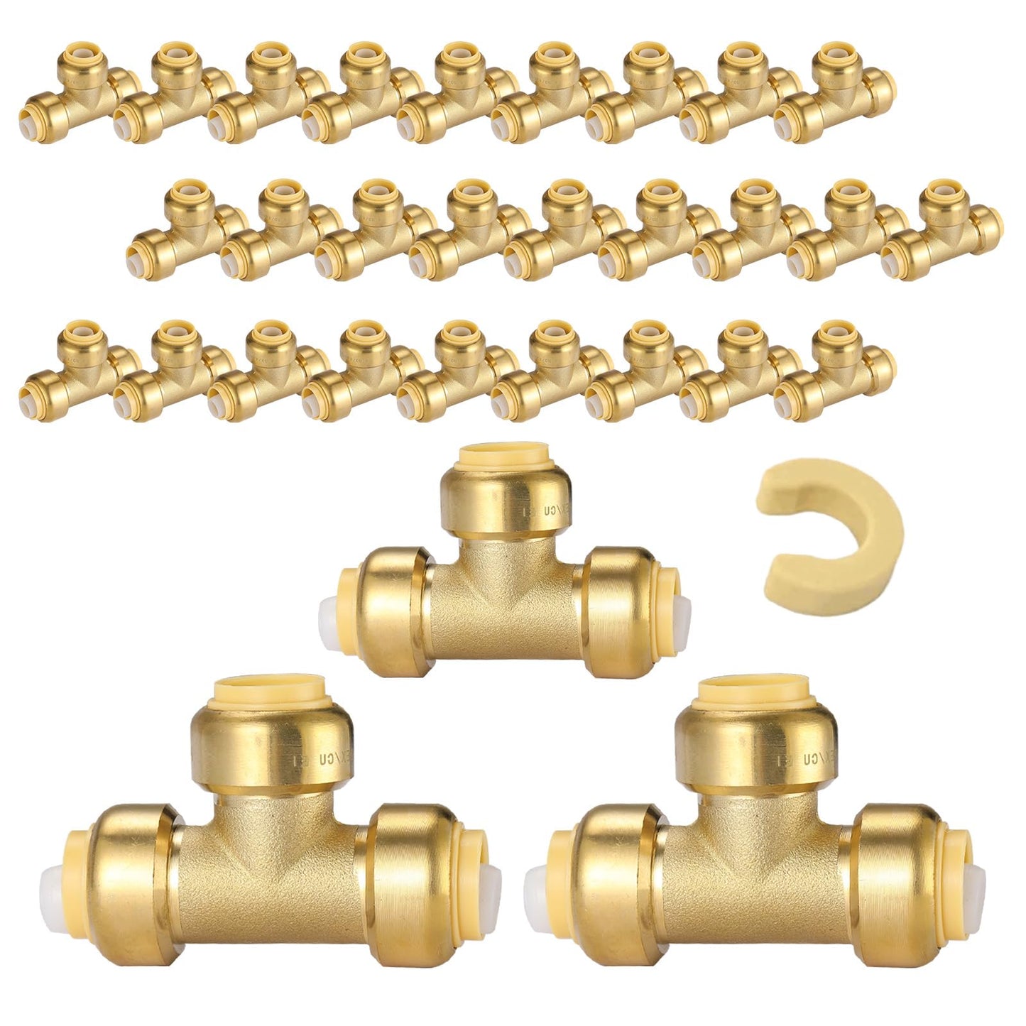 5-Pack Niikappu Pushfit Tee, 3/4"x3/4"x1/2" PEX Brass Push-fit Tee, Push to Connect Plumbing Fittings for PEX, Copper, CPVC, with Disconnect Clip(PF127-5)