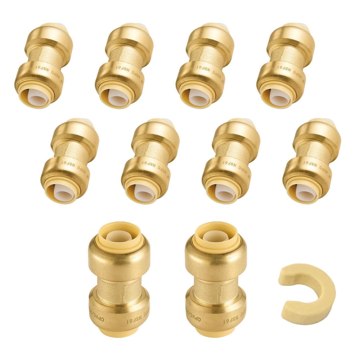 5-Pack Niikappu Push Fit Fittings, 3/4" x 3/4" Brass Plumbing Fittings to Connect PEX, Copper, CPVC, Brass Straight Coupling With Disconnect Clip(PF008-5Pack)