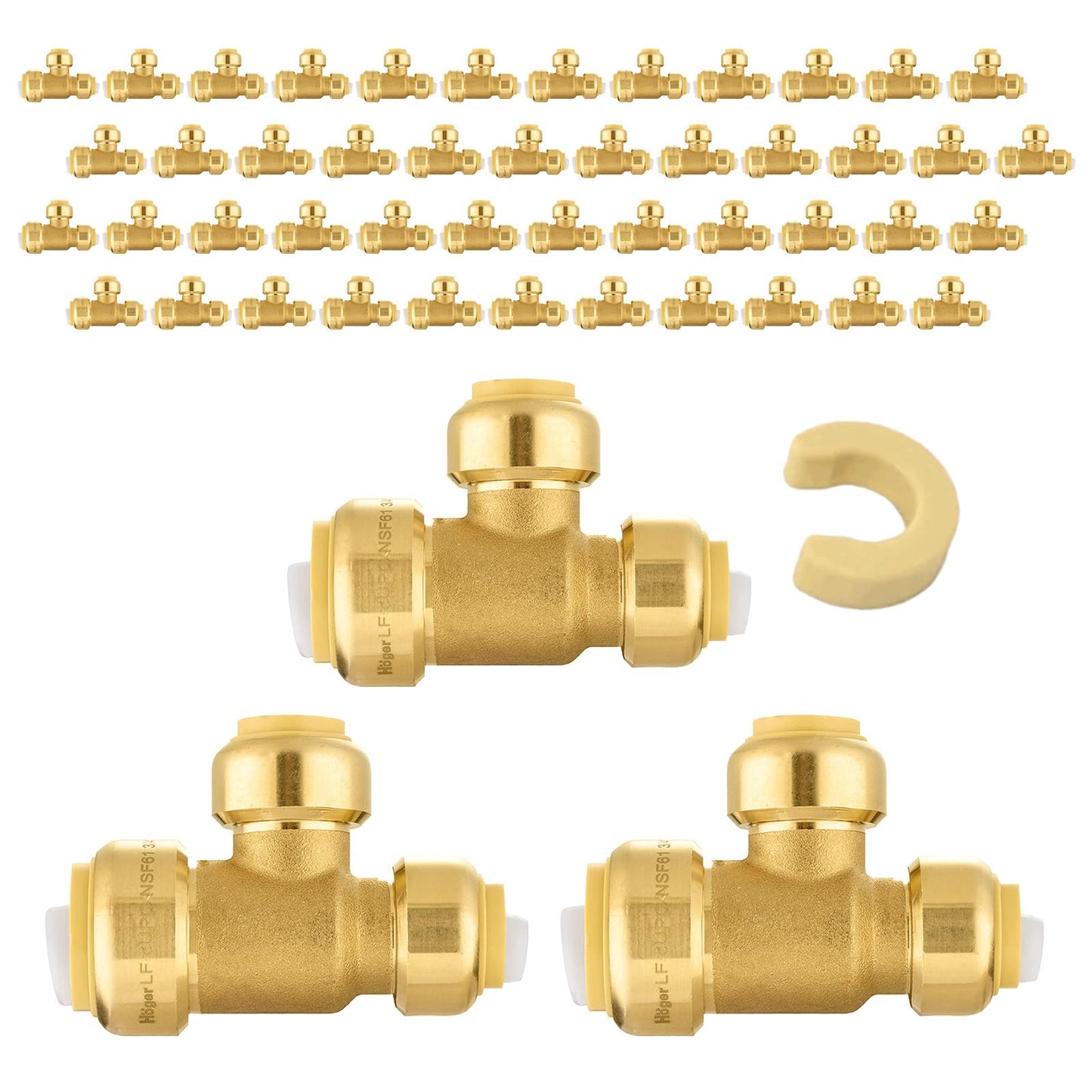 5-Pack Niikappu Pushfit Tee, 3/4"x3/4"x1/2" PEX Brass Push-fit Tee, Push to Connect Plumbing Fittings for PEX, Copper, CPVC, with Disconnect Clip(PF127-5)