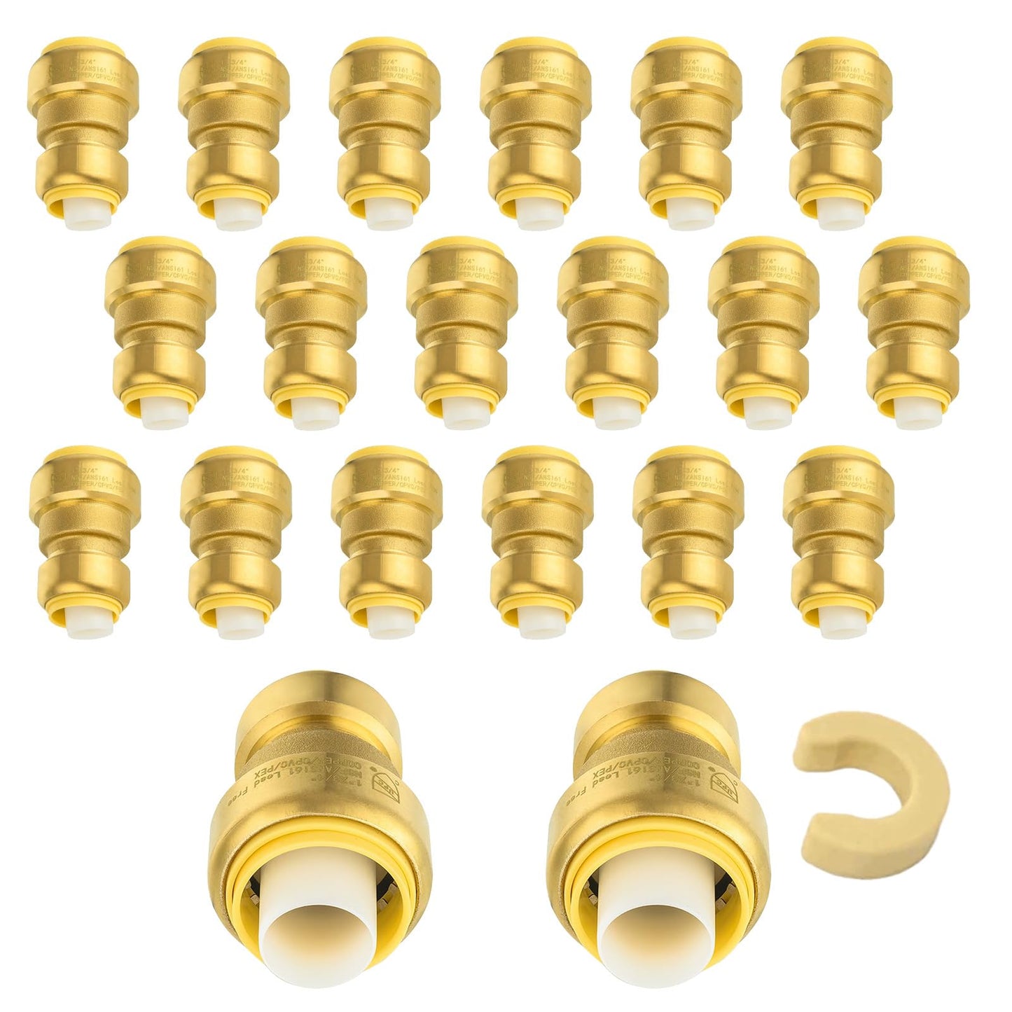 5-Pack Niikappu Push Fit Fittings, 3/4" x 3/4" Brass Plumbing Fittings to Connect PEX, Copper, CPVC, Brass Straight Coupling With Disconnect Clip(PF008-5Pack)