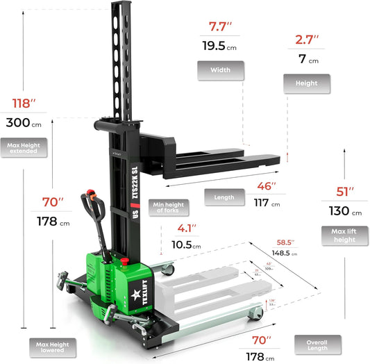 Full Electric Self-Loading Pallet Stacker - 2200 Lbs Capacity Walkie Forklift with 51 Inch Lift Height, Lifting Truck Cargo with Fixed Straddle Legs and Adjustable 46 Inch Forks - (US-ZTS22K-SL)