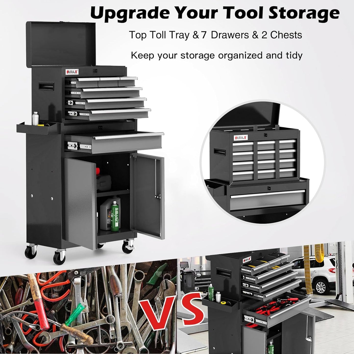 Tool Chest 7-Drawer | 40'' H Rolling Tool Chest with Wheels | Detachable Top Metal Tool Box | Garage Storage Cabinet for Repair Room,Warehouse | Rolling Tool Box with Hooks,Liners,Tray Divider | Black