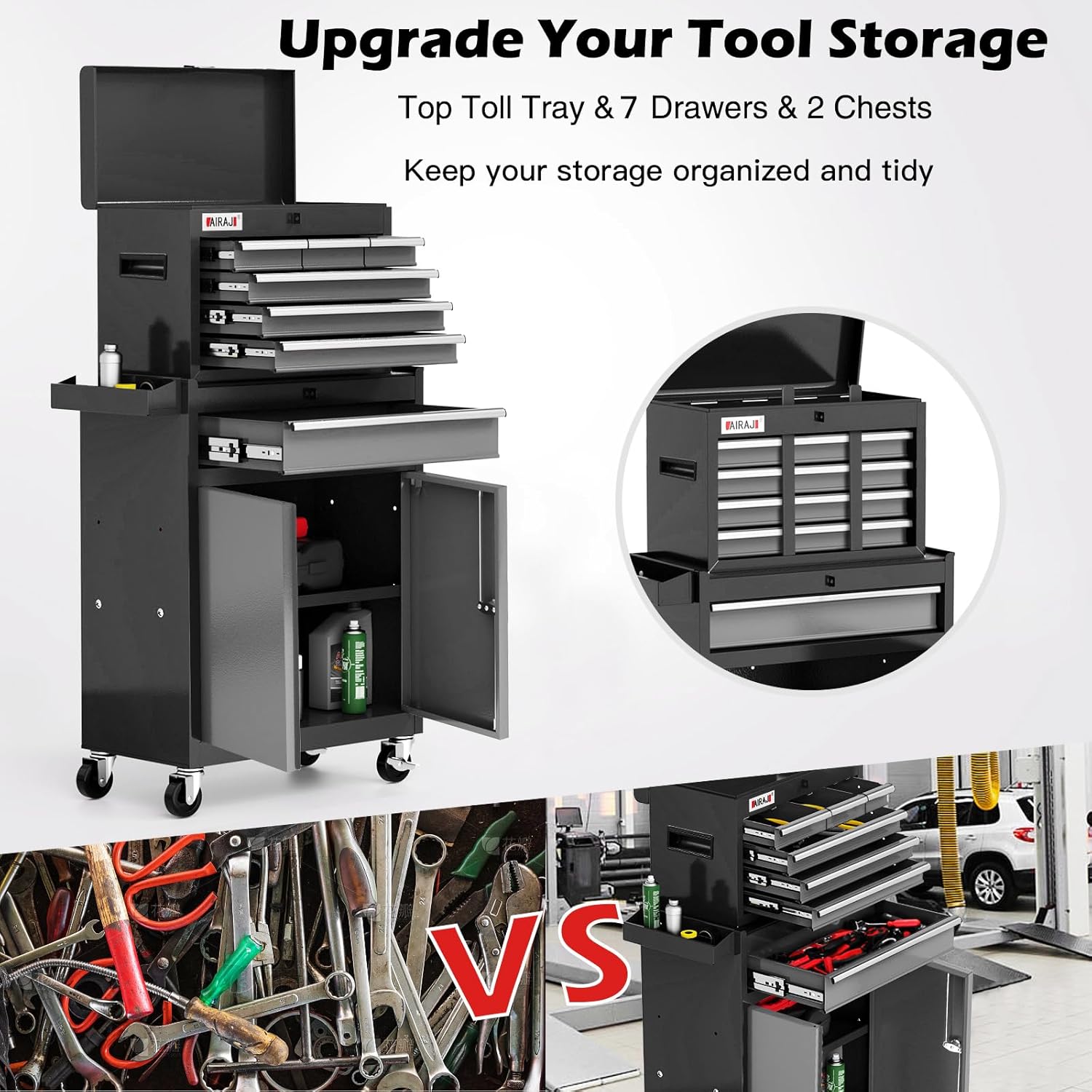 Tool Chest 7-Drawer | 40'' H Rolling Tool Chest with Wheels | Detachable Top Metal Tool Box | Garage Storage Cabinet for Repair Room,Warehouse | Rolling Tool Box with Hooks,Liners,Tray Divider | Black