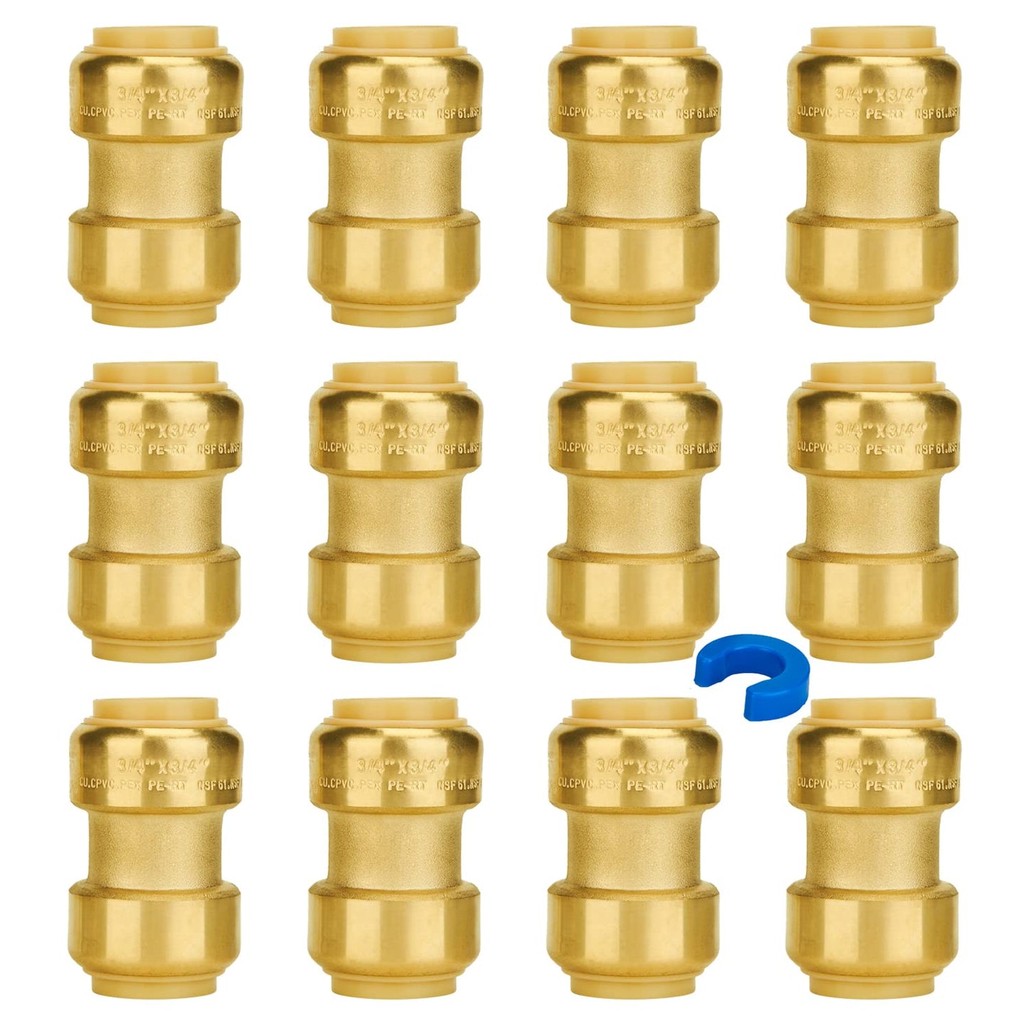 SUNGATOR 1/2 Inch Tee, Push Pex Tee Plumbing Fittings 1/2 Inch, No Lead Brass Push-to-Connect T Plumbing Fittings for PEX Pipe, Copper, CPVC, with 1 Disconnect Clip, Pack of 12