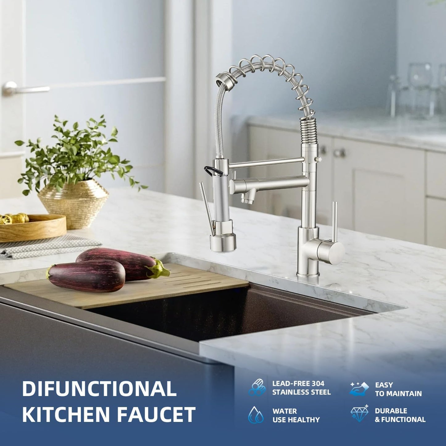 OWOFAN Kitchen Sink Faucet with Pull Down Sprayer, Contemporary Stainless Steel Single Handle Spring Kitchen Faucets Two Outlet with Deck Plate Brushed Nickel