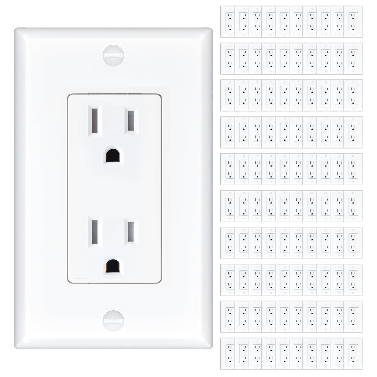 Amico 100 Pack 15 Amp Outlet, Standard Electrical Outlets, Tamper Resistant, 2-Pole 3-Wire Wall Outlet, 125V/1875W, NEMA 5-15R, Wall Plates And Screws Included, for Home And Business, White, UL Listed