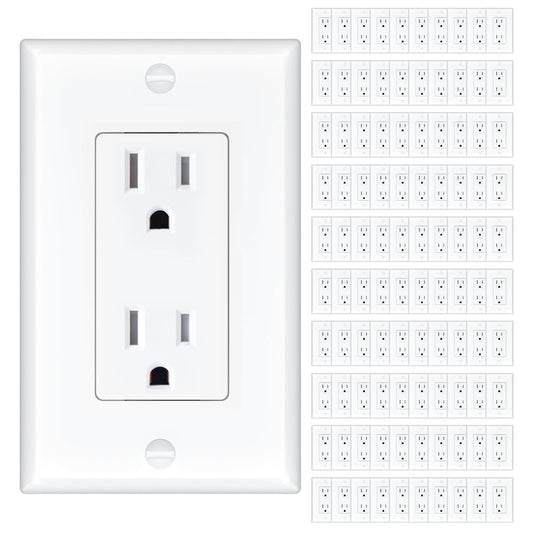 Amico 100 Pack 15 Amp Outlet, Standard Electrical Outlets, Tamper Resistant, 2-Pole 3-Wire Wall Outlet, 125V/1875W, NEMA 5-15R, Wall Plates And Screws Included, for Home And Business, White, UL Listed
