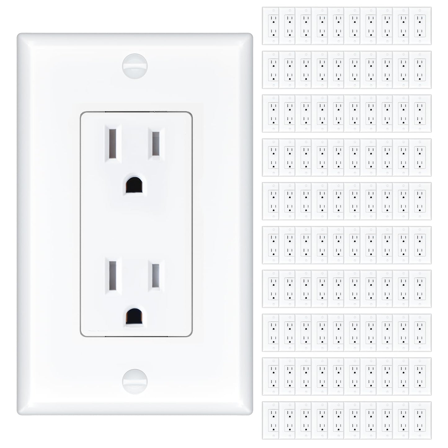 Amico 100 Pack 15 Amp Outlet, Standard Electrical Outlets, Tamper Resistant, 2-Pole 3-Wire Wall Outlet, 125V/1875W, NEMA 5-15R, Wall Plates And Screws Included, for Home And Business, White, UL Listed