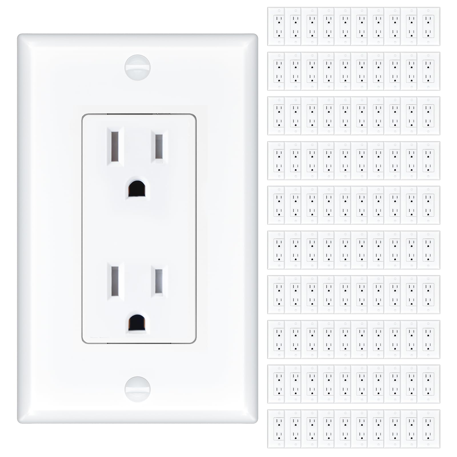 Amico 100 Pack 15 Amp Outlet, Standard Electrical Outlets, Tamper Resistant, 2-Pole 3-Wire Wall Outlet, 125V/1875W, NEMA 5-15R, Wall Plates And Screws Included, for Home And Business, White, UL Listed
