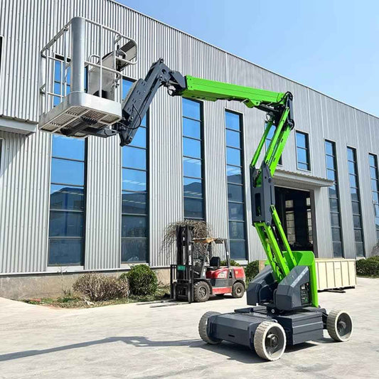 Self-Propelled Articulating Boom Work Platform Providing Vertical and Horizontal Reach for Equipment Servicing, Exterior Cleaning, Electrical Work, and Industrial Maintenance