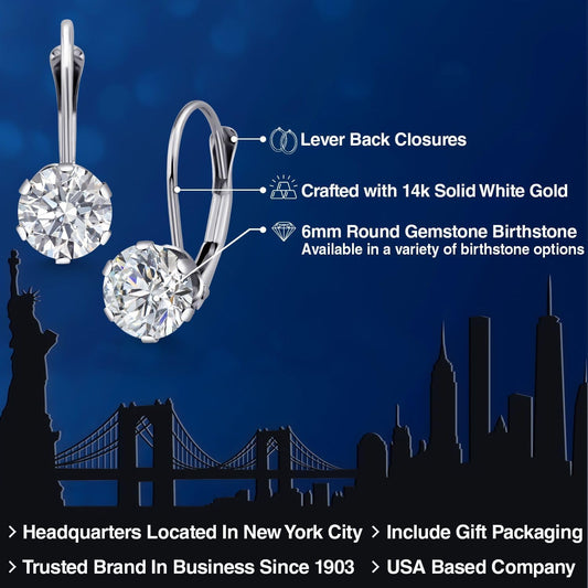 Gem Stone King 14K White Gold 6MM Round Gemstone Birthstone Leverback Dangle Earrings | Gold Earrings For Women