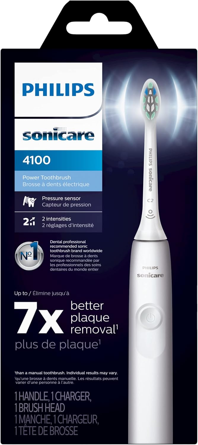 Philips Sonicare 4100 Rechargeable Electric Toothbrush, with Pressure Sensor, 2 Intensity Settings, SmarTimer and QuadPacer, 14-Day Battery Life, White, Model HX3681/23