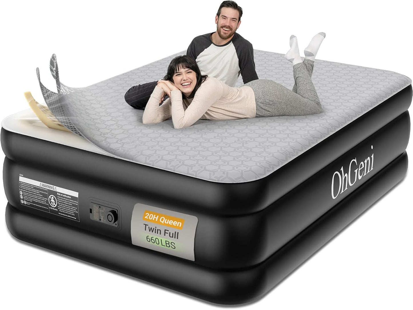 OhGeni 18" Luxury Queen Air Mattress with Built-in Pump & 20" Luxury Queen Inflatable Bed with Silk Foam Topper for Superior Comfort, Blow-Up Mattress for Home, Camping & Guests, Extra Support, Black