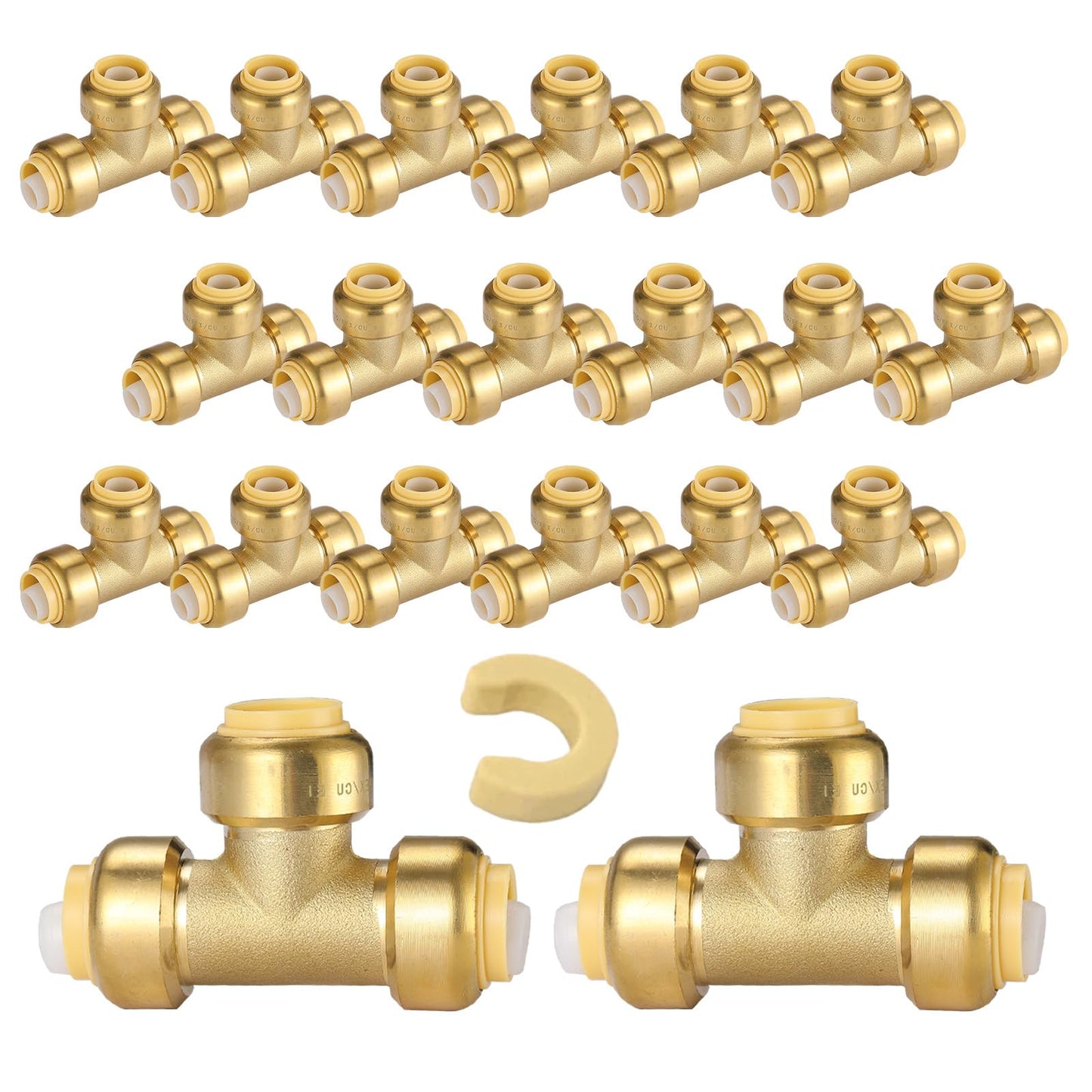 5-Pack Niikappu Pushfit Tee, 3/4"x3/4"x1/2" PEX Brass Push-fit Tee, Push to Connect Plumbing Fittings for PEX, Copper, CPVC, with Disconnect Clip(PF127-5)