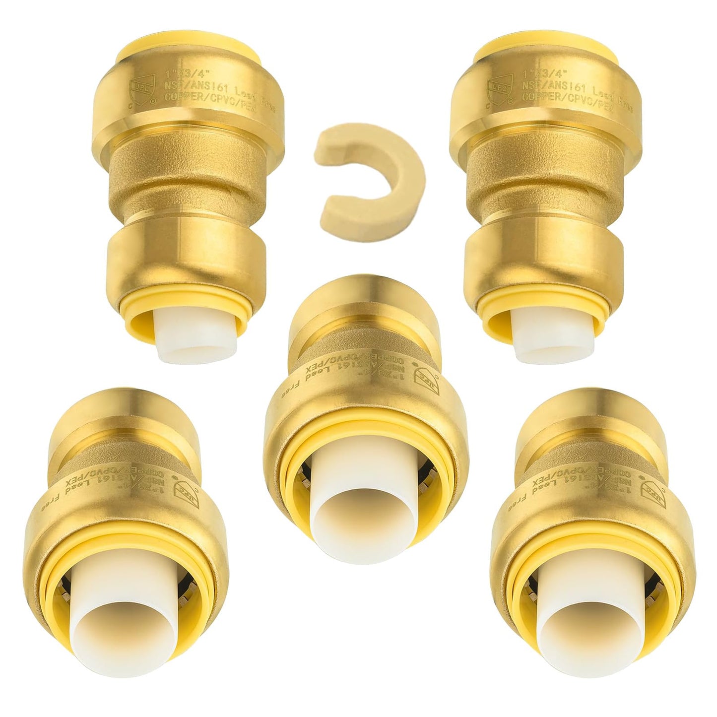 5-Pack Niikappu Push Fit Fittings, 3/4" x 3/4" Brass Plumbing Fittings to Connect PEX, Copper, CPVC, Brass Straight Coupling With Disconnect Clip(PF008-5Pack)