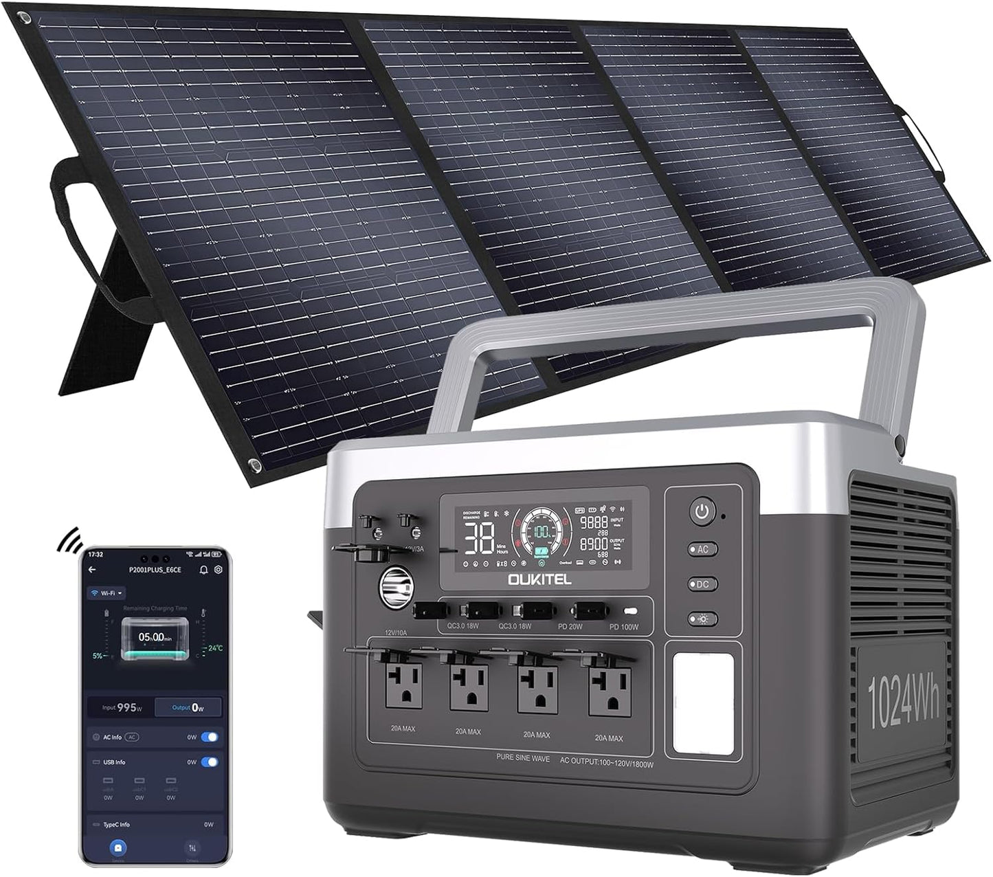 OUKITEL P1000 Plus 1800W Power Station with 200W Solar Panel, 1024Wh Solar Generator with 4 AC Outlets (3600W Peak), 1200W Fast Charging, APP Control Battery Backup for Home, Camping & RVs