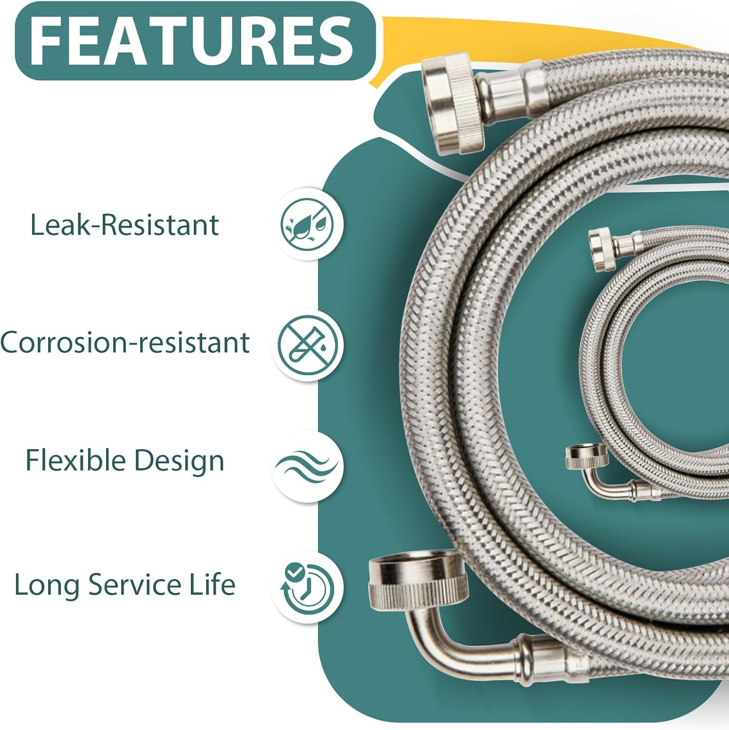 Washing Machine Hoses 4ft, 1 Pack Braided Stainless Steel Washer Hoses with 90 Degree Elbow, Hot and Cold Washer Supply Line, Universal Flexible Laundry Machine Hose for All Washing Machine