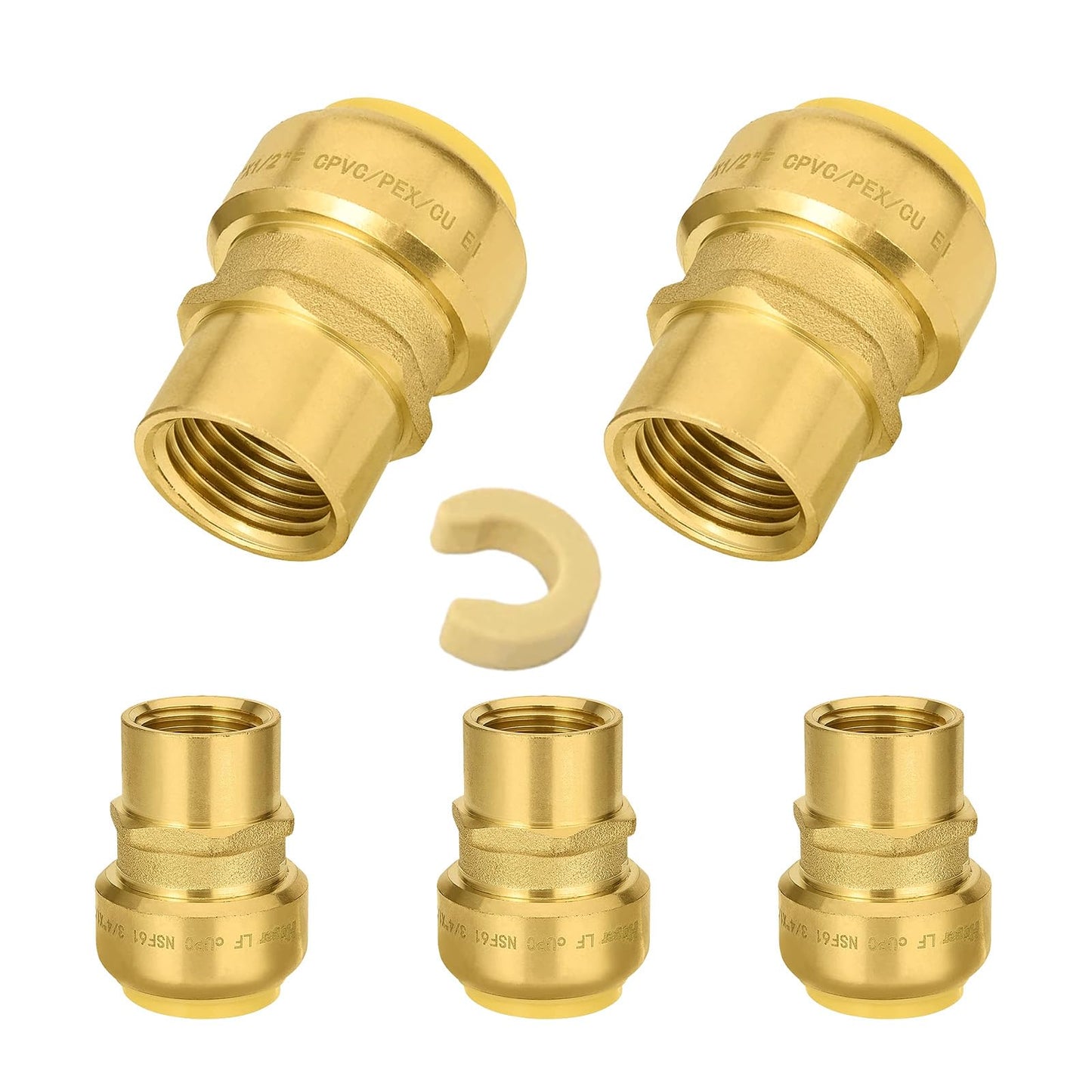 5 PCS Niikappu Push Fit 3/4 Inch x 1/2 Inch Female NPT Brass Adapters Push-Fit Fittings with Disconnect Clip to Connect PEX, Copper, CPVC Pipes